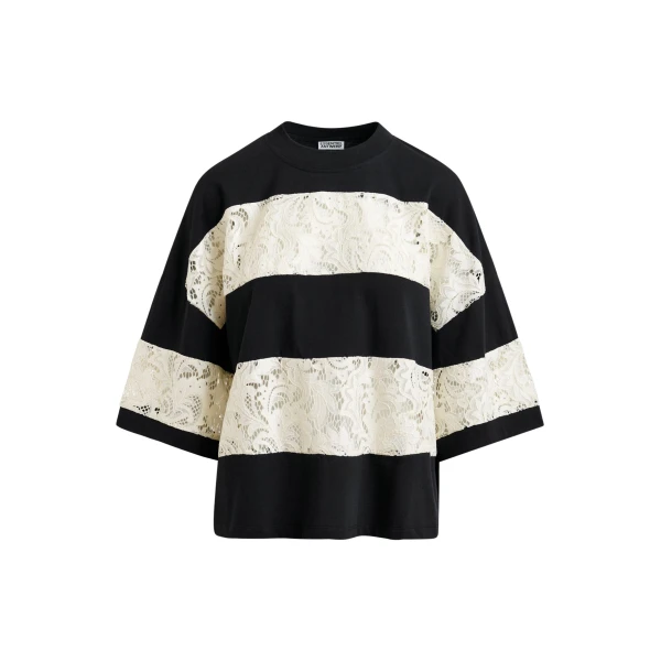 Black and white organic cotton striped lace insert T-shirt
