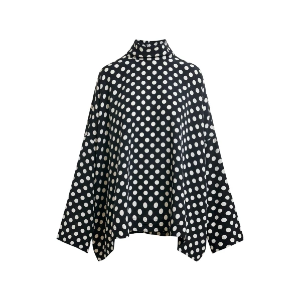 Black and white oversized polka-dot print top with high neck