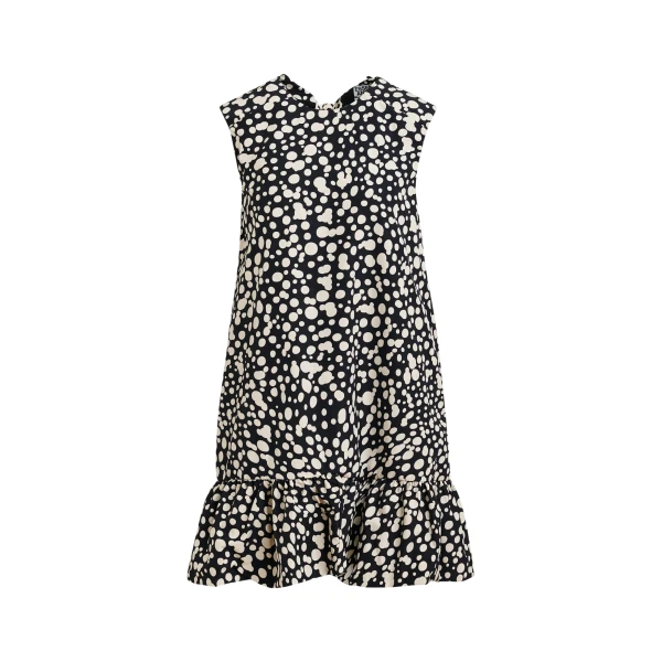 Black and white ruffled mini dress with open-back and bow detail