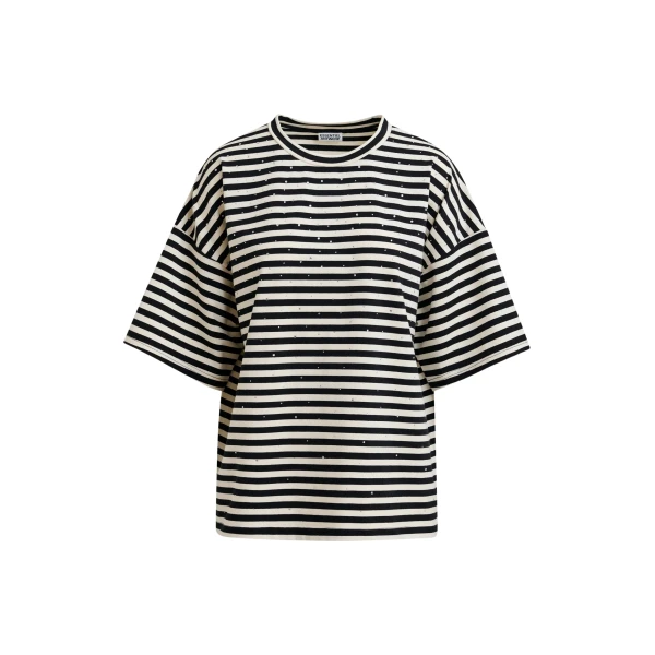 Black and white striped rhinestone-embellished oversized cotton T-shirt