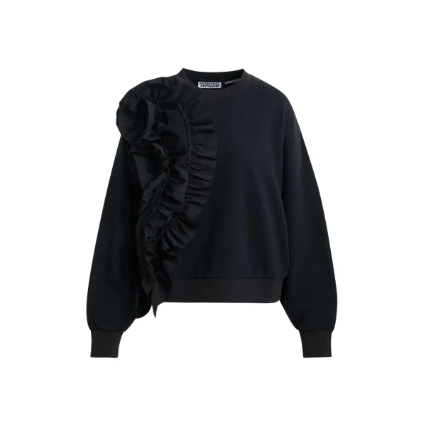 Black cotton-blend sweatshirt with ruffle details