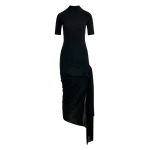 Black fitted jersey dress with ruched draping and side slit