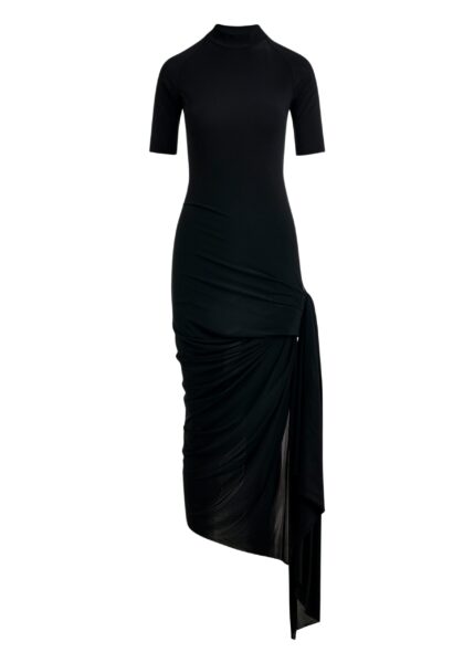 Black fitted jersey dress with ruched draping and side slit