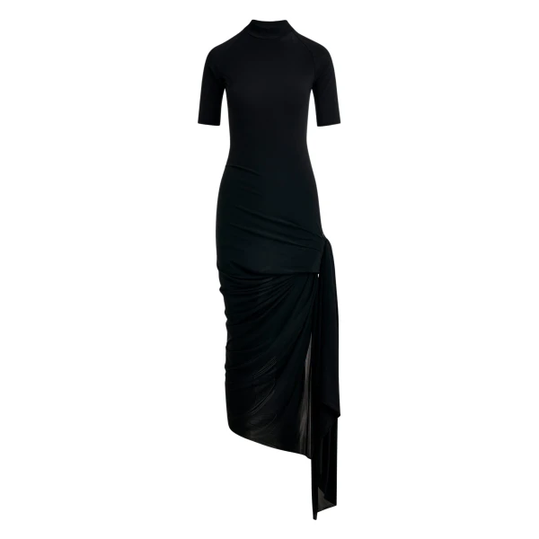 Black fitted jersey dress with ruched draping and side slit