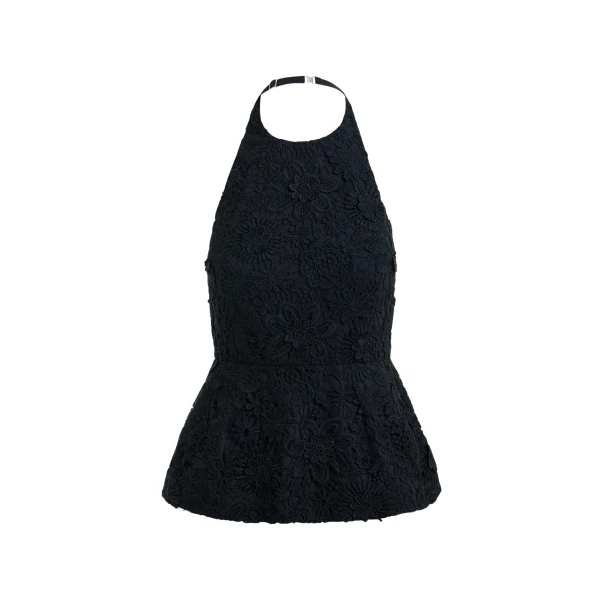 Black floral lace halter peplum top