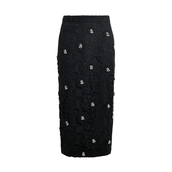 Black floral lace pencil skirt with rhinestone embellishments
