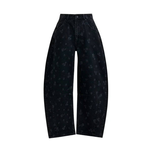 Black floral-print barrel-leg cropped jeans