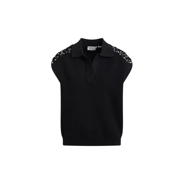Black sleeveless polo with off-white embellished shoulders
