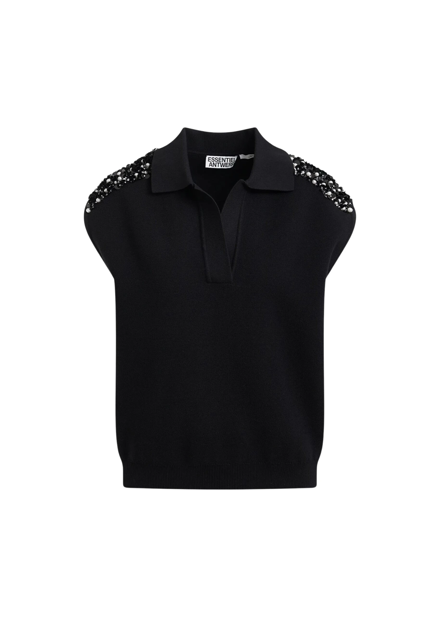 Essentiel-Antwerp-Black-sleeveless-polo-with-off-white-embellished-shoulders-scaled68714_nobg Black sleeveless polo with off-white embellished shoulders