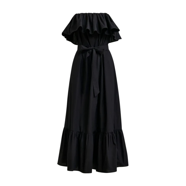 Black strapless cotton maxi dress with ruffles