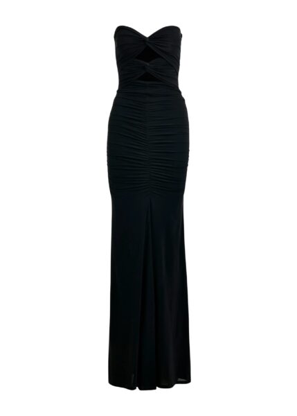 Black strapless maxi dress with sculpted ruching and a subtle cut-out detail