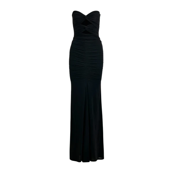 Black strapless maxi dress with sculpted ruching and a subtle cut-out detail