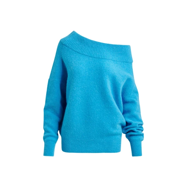 Blue alpaca wool-blend off-shoulder knit sweater