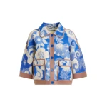 Blue and off-white floral-print knit cardigan with brown contrasting trims