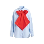 Blue and red cotton shirt with removable bow tie