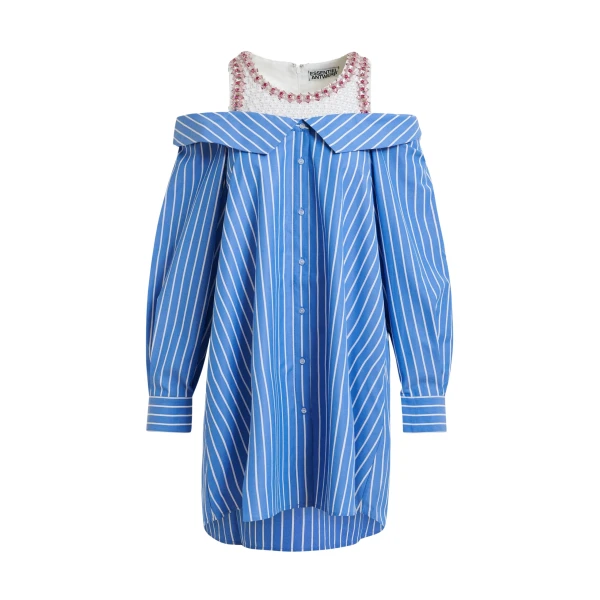 Blue and white layered shirt dress with embellished tank top