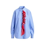Blue and white pinstripe cotton shirt with red ribbon detail