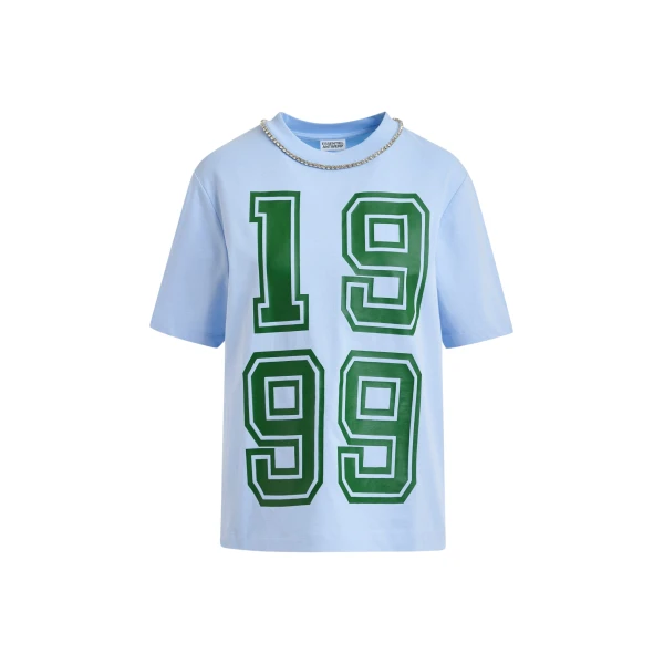 Blue cotton T-shirt with rhinestone embellished neckline and green numeric print
