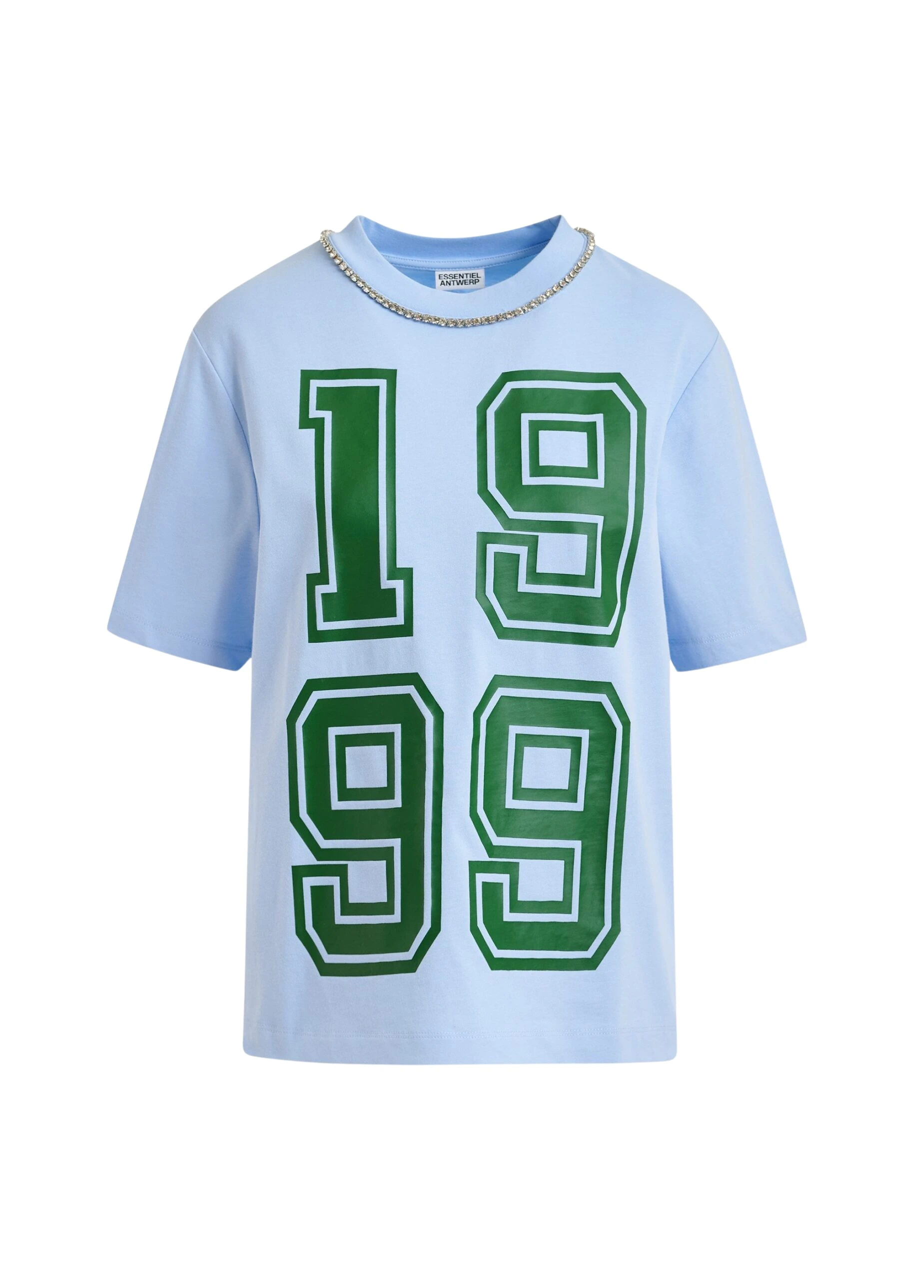 Essentiel-Antwerp-Blue-cotton-T-shirt-with-rhinestone-embellished-neckline-and-green-numeric-print-scaled74700_nobg Blue cotton T-shirt with rhinestone embellished neckline and green numeric print