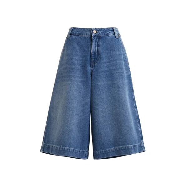 Blue cotton denim shorts with yellow Woodstock embroidery