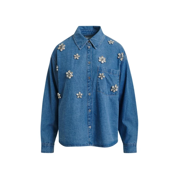 Blue denim shirt with floral rhinestone embellishments