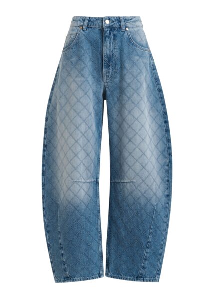 Blue diamond-stitched cotton barrel-leg jeans