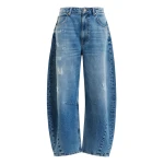 Blue distressed organic cotton cropped barrel-leg jeans