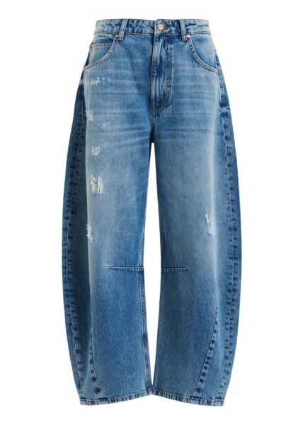 Blue distressed organic cotton cropped barrel-leg jeans
