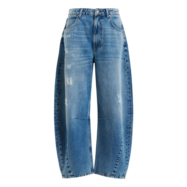 Blue distressed organic cotton cropped barrel-leg jeans