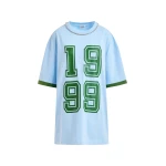 Blue oversized cotton T-shirt with rhinestone embellished neckline and green numeric print