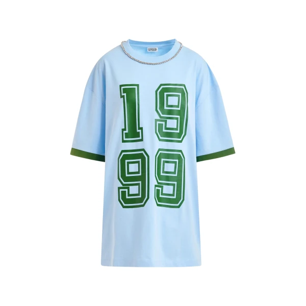 Blue oversized cotton T-shirt with rhinestone embellished neckline and green numeric print