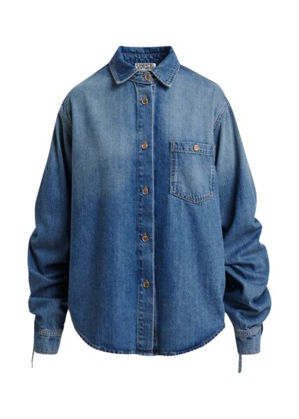 Blue oversized denim shirt with sleeve drawstrings