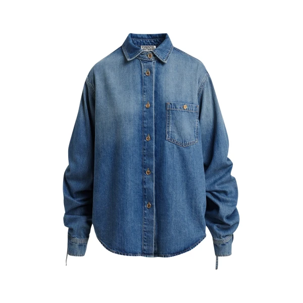 Blue oversized denim shirt with sleeve drawstrings