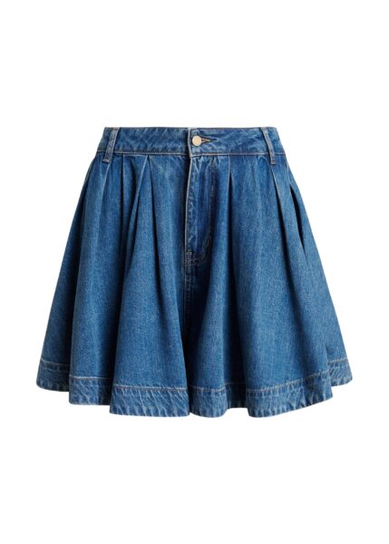 Blue pleated denim shorts in organic cotton