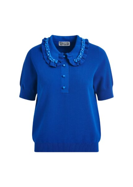 Blue ruffle fine-knit polo top with bead embellishments