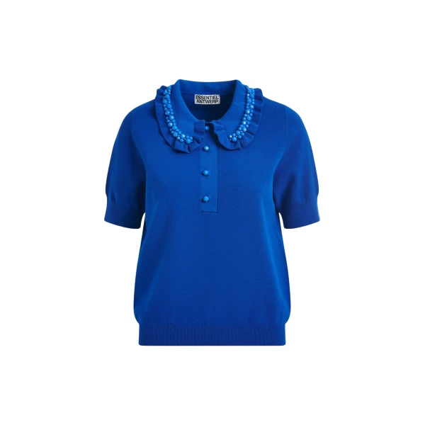 Blue ruffle fine-knit polo top with bead embellishments
