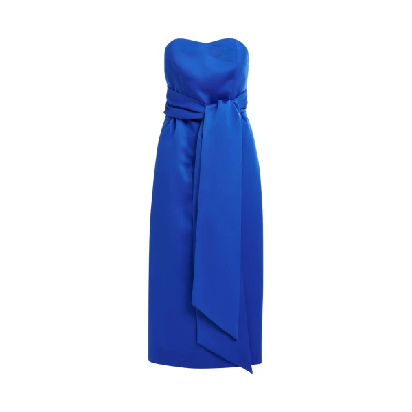Blue strapless midi dress with wrap-belt