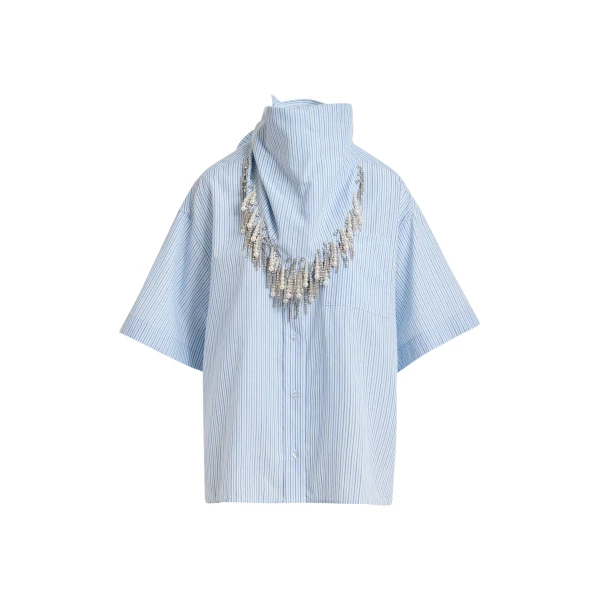 Blue striped cotton shirt with embroidered detail and separate scarf