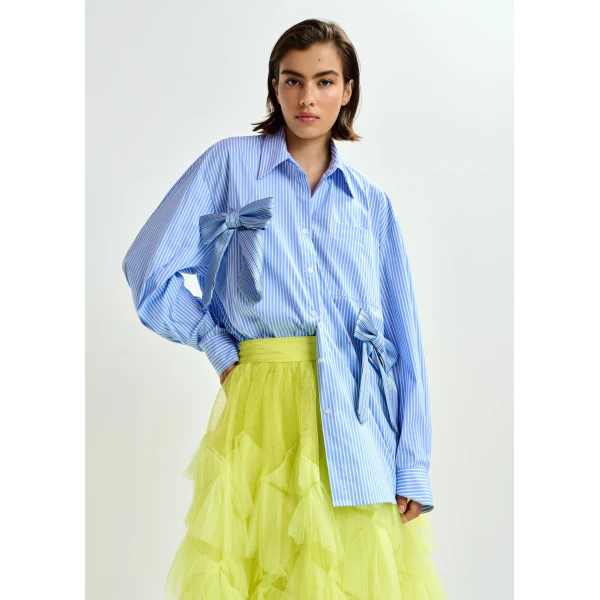 white and black striped oversized cotton shirt with tie bows