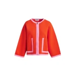 Bright orange and pink cardigan with contrasting trims and zip fastening