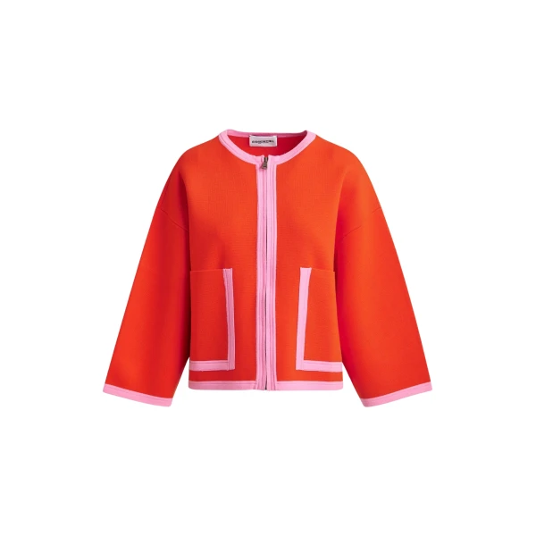 Bright orange and pink cardigan with contrasting trims and zip fastening