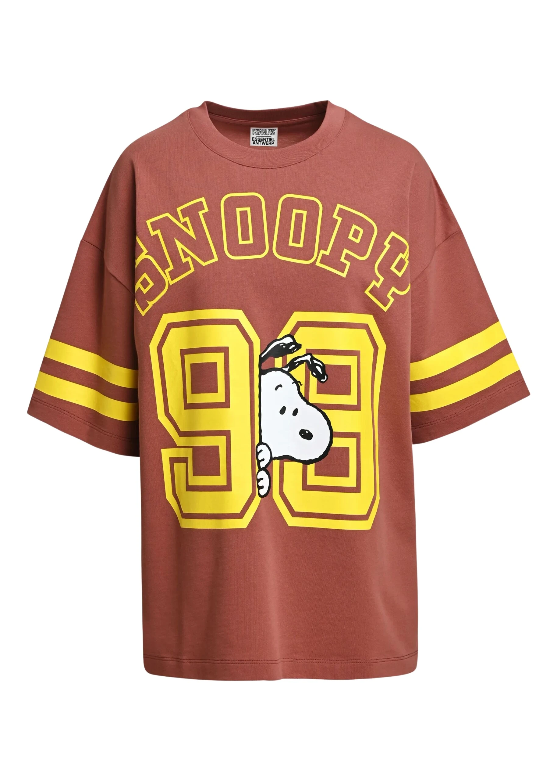 Essentiel-Antwerp-Brown-T-shirt-with-Peanuts™-Snoopy-print-and-yellow-text-scaled40578_nobg Brown T-shirt with Peanuts™ Snoopy print and yellow text