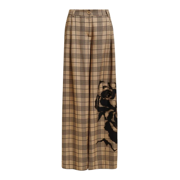 Brown and black checked wide-leg pants with placed print