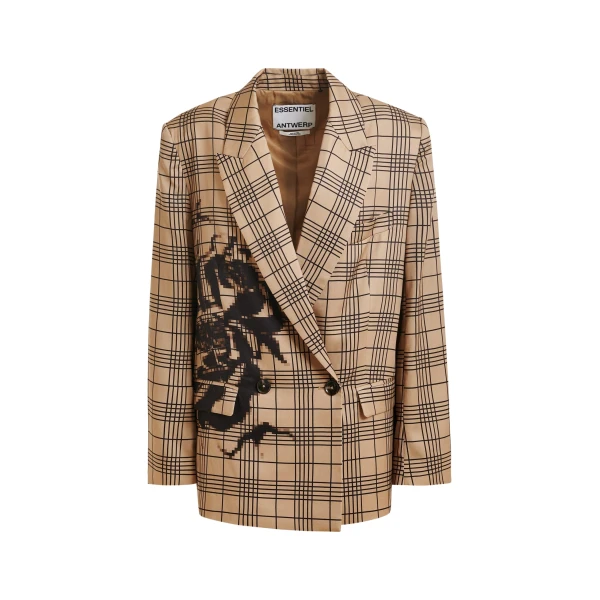 Brown and black double-breasted blazer with placed pixel print