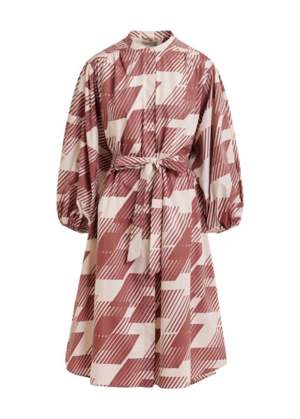 Brown and cream knee-length dress with mandarin collar