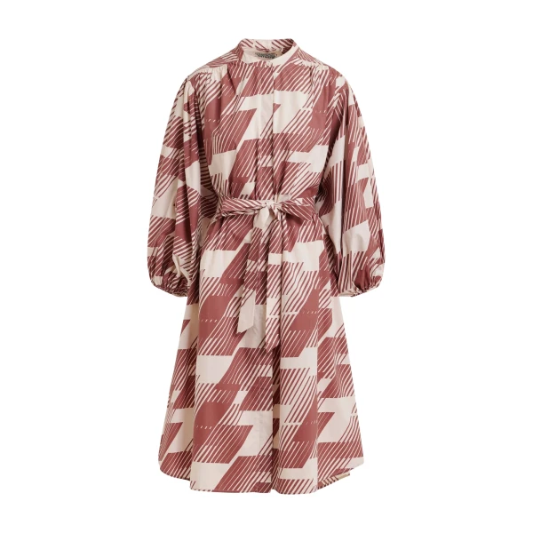 Brown and cream knee-length dress with mandarin collar