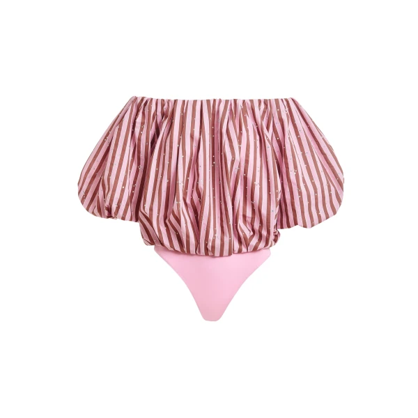 Brown and pink gathered bodysuit with puffed sleeves