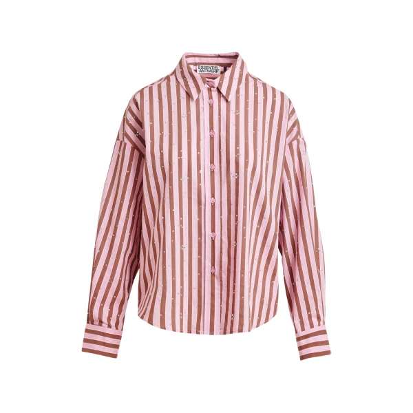 Brown and pink striped cotton-blend shirt with rhinestone embellishments