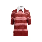 Brown and pink striped honeycomb knit polo with rhinestone-embellished detachable collar