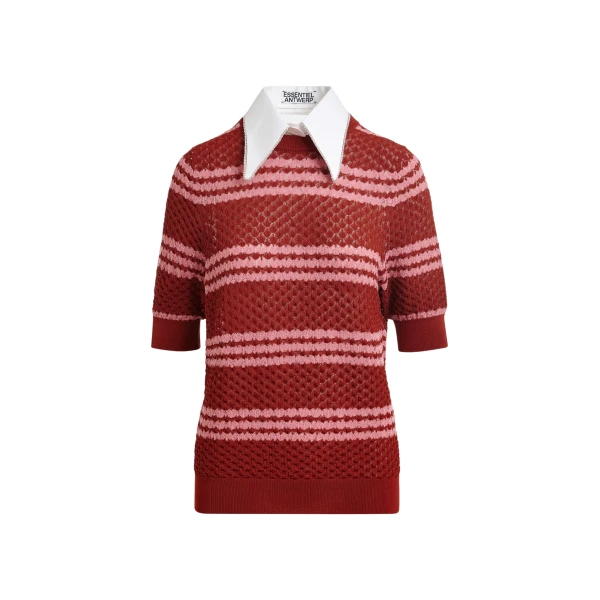 Brown and pink striped honeycomb knit polo with rhinestone-embellished detachable collar